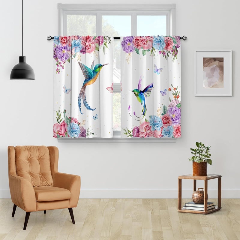 Aimego Floral Hummingbird Vintage Kitchen Curtains - Colourful Flower Cafe Farmhouse Small Short Tier Window Curtains for Living Dining Room Decor Rod Pocket Window Drapes 36 Inch Length Set 28"x36" - Image 2